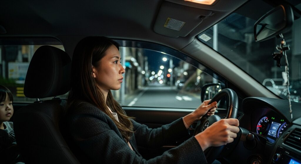子どもを後部座席に乗せて夜間運転する20代の日本人女性。新宿・高田馬場周辺でロービームの使い方を実践中。