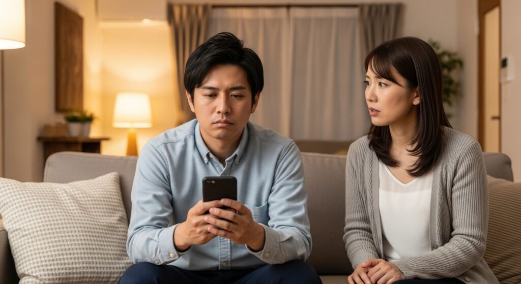 ソファーで運転の話を切り出す妻と、スマホに集中して聞き流す夫。運転の負担をめぐる夫婦のすれ違いを描いた場面。
