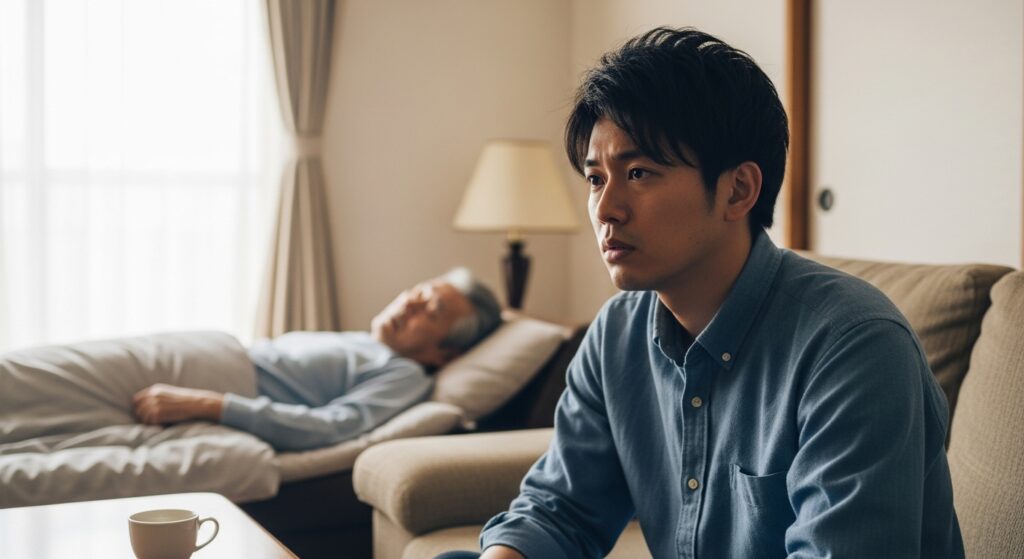 在宅で要介護の父親を支える息子の姿|介護の現実と心の準備 高齢の父親を自宅で介護する30代の日本人男性が、不安そうな表情で座っている。背景には寝ている父親が映り、在宅介護の負担と葛藤を描いたシーン。