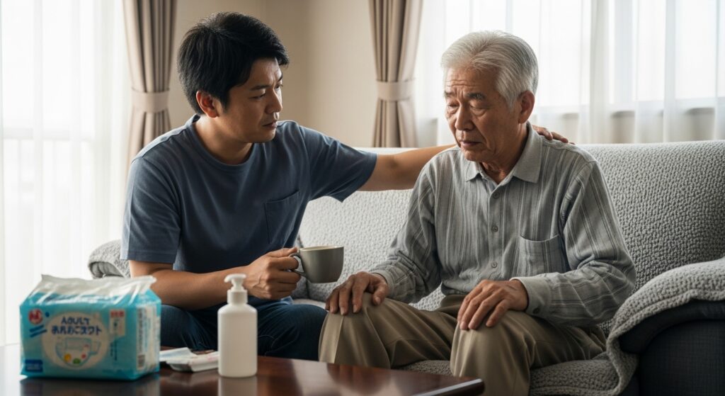 在宅で父親の介護に取り組む息子の姿|ケアプラン作成と心の寄り添い 高齢の父親に寄り添いながら介護の相談をしている30代の日本人男性。介護用チェックリストや衛生用品がテーブルに置かれた在宅介護の一場面。