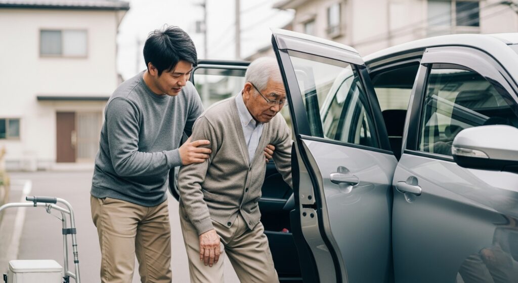 要介護の親を車に乗せる在宅介護送迎|ペーパードライバーの不安を減らす準備と対応 要介護の父親を車の助手席に乗せようと支える日本人男性。自宅前での介護送迎のリアルなワンシーン。