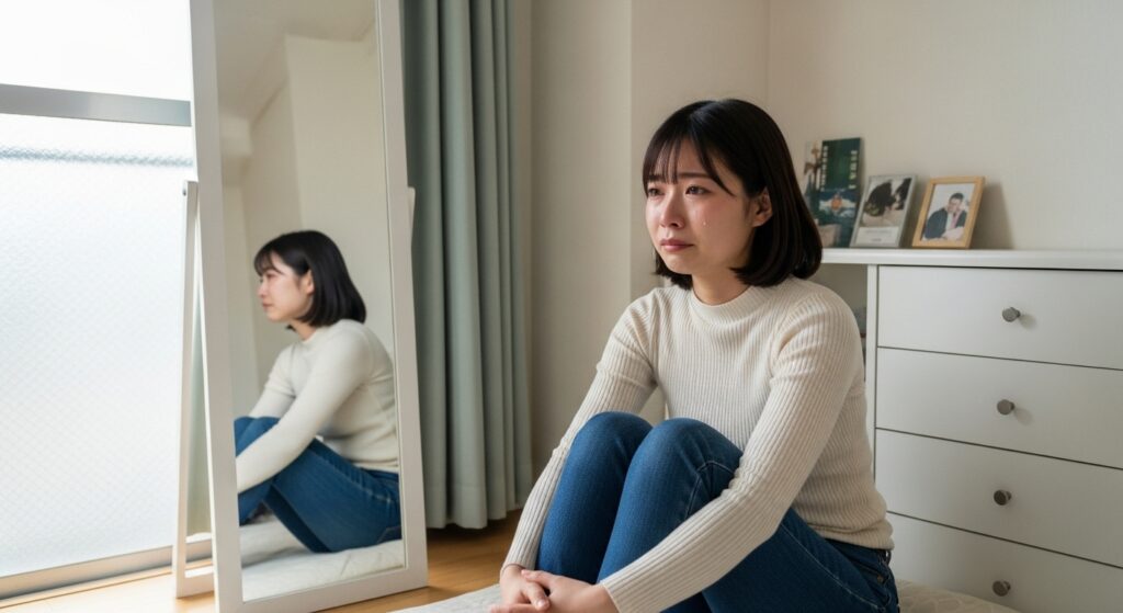 鏡の前で涙を流しながら覚悟を決める20代女性の表情