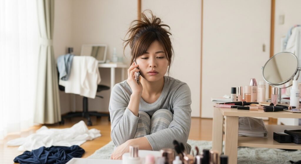 散らかった部屋でパジャマ姿の20代女性がスマホで電話をしながら悩んでいる様子