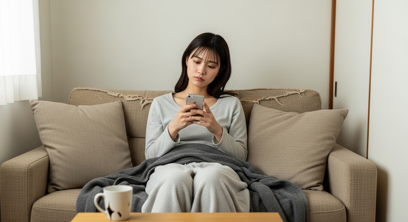 運転より、まず「明日生きるお金」──20代女性が抱える“生活優先”のリアル 20代の日本人女性が、くたびれたソファでスマートフォンを見つめながら疲れた表情を浮かべている。運転ではなく生活費に悩む現代女性の姿を象徴。