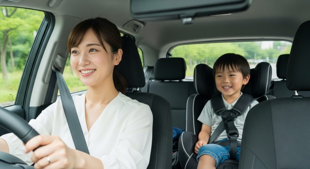 保育園送迎のために運転を再開した母親とチャイルドシートに座る幼児の様子