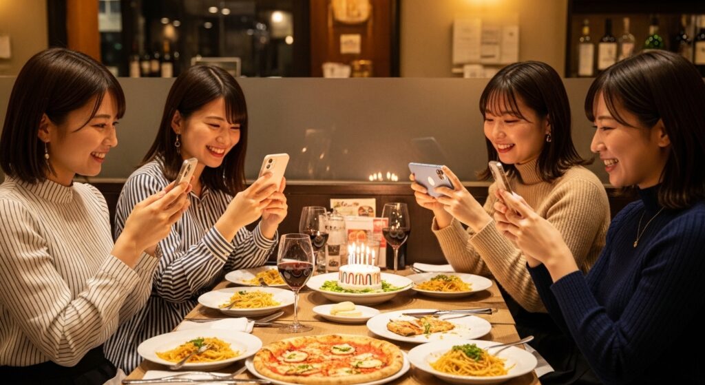 イタリアンレストランで誕生日会を楽しむ20代女性4人組。パスタやピザを前に、iPhoneで料理や友人を撮り合う姿。