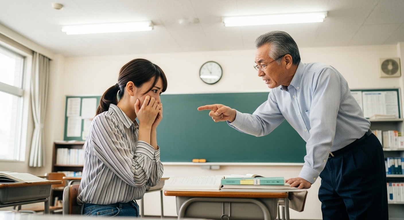kyoushujo-instructor-powerharassment 教習所の教室で、指をさして怒る男性講師と怯えるような表情を見せる女性受講者。パワハラ的な指導の問題を象徴する場面。