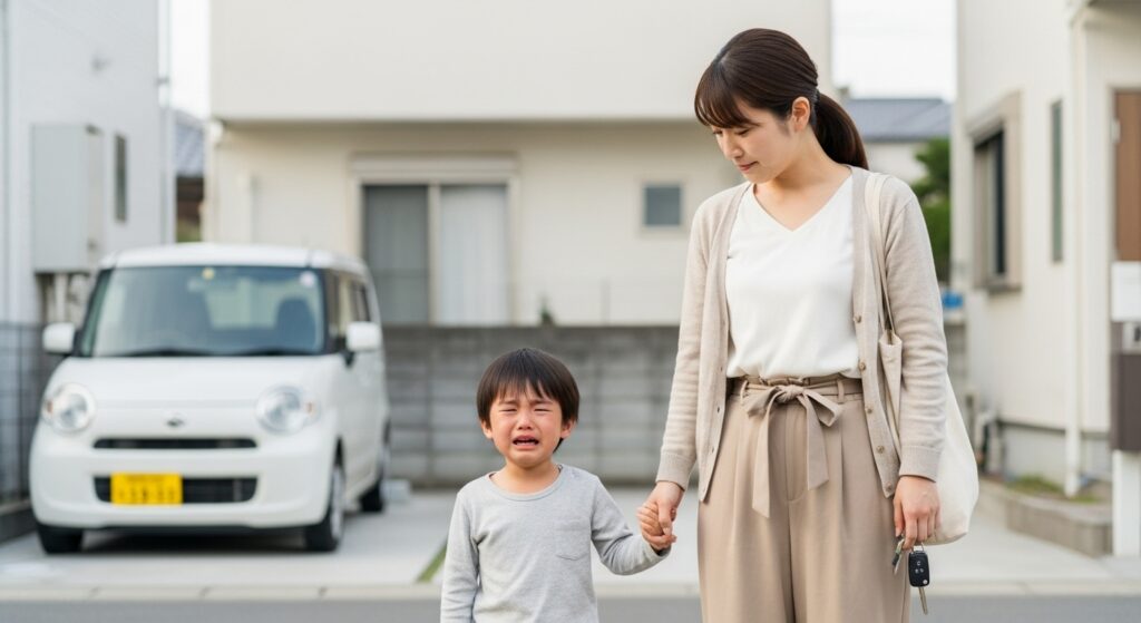 自宅前で泣きじゃくる幼い息子の手を握る母親。幼稚園の送り迎えに向かう朝、後ろには白い軽自動車が停まっている。