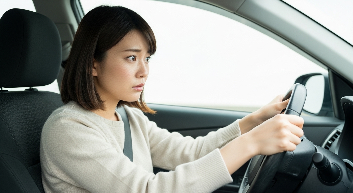 運転に緊張する日本人ペーパードライバー女性|不安と向き合う再スタートの瞬間 ハンドルを強く握りしめて運転する日本人女性。久しぶりの運転に不安を感じているペーパードライバーのリアルな表情。
