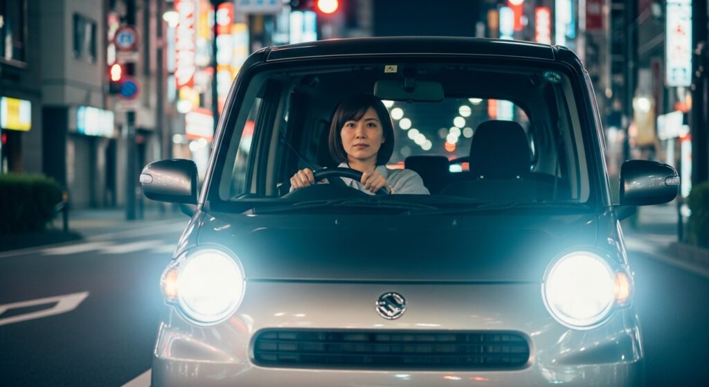 夜の都市道路を正面から運転する日本人女性。ヘッドライトを点灯し、ペーパードライバー講習中の様子。