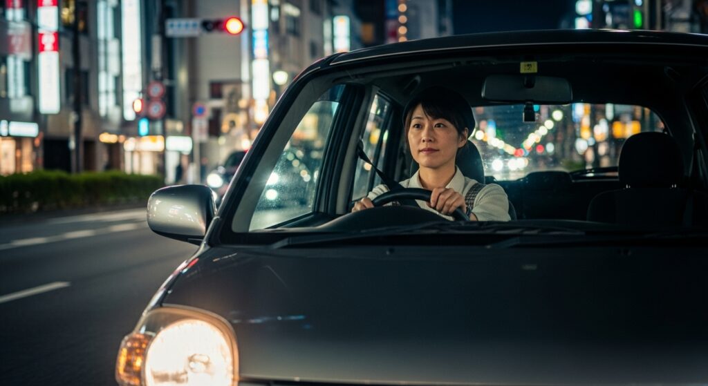 都心の夜道を落ち着いた表情で運転する日本人女性。右ハンドル車でペーパードライバー講習を受講中。