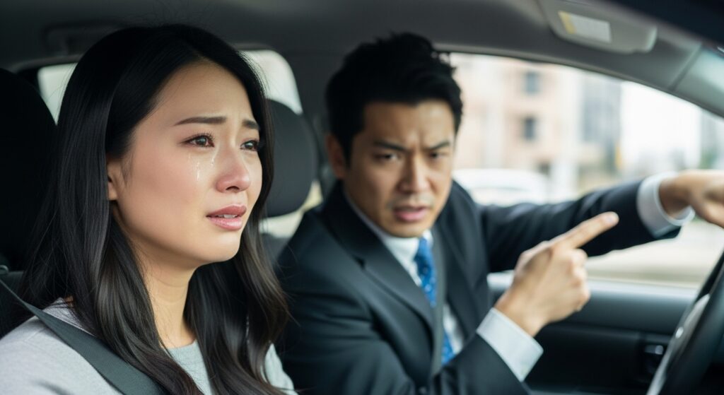 教習中、同乗者からの怒鳴り声に怯え、涙ぐむ女性。運転に対するトラウマの一因に。 インストラクターに怒鳴られ、涙を浮かべる女性のペーパードライバー