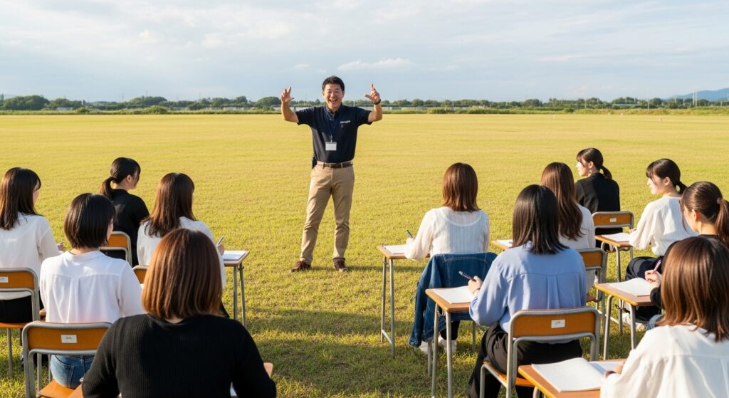 屋外の草原でインストラクターが講義を行い、20代女性たちが机と椅子に座って学んでいる様子