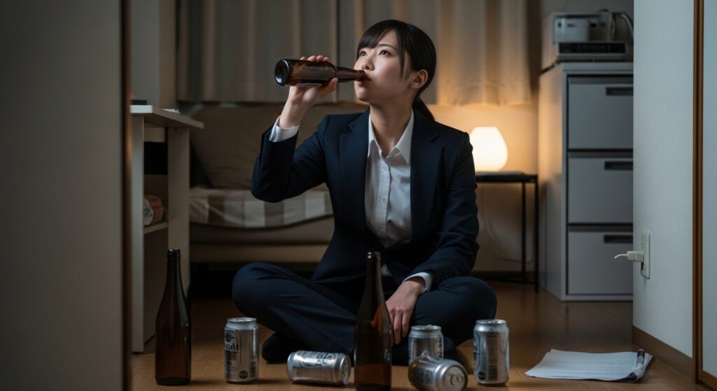 営業職異動前の不安に押し潰されそうな女性のひとり時間(夜の部屋・スーツ姿) 営業職への異動を1ヶ月後に控え、運転への不安からスーツ姿の女性が自宅の床でお酒を飲みながら落ち込んでいる様子。周囲には空き缶が散乱し、静かな夜の部屋に孤独感が漂う。