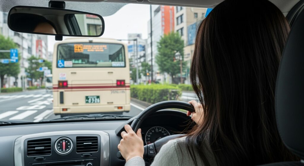 title="ペーパードライバー女性が新宿のバス通りで停止か追い越しかを判断する場面" バスの直後を走行するペーパードライバーの女性が、進むべきか止まるべきか判断に迷っている様子。