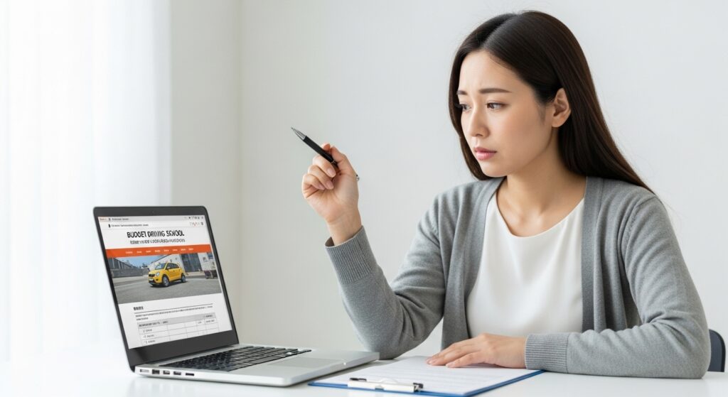 格安のペーパードライバー講習サイトを見ながら不安そうな表情を浮かべる日本人女性。申込前にペンを手に迷っている様子。）