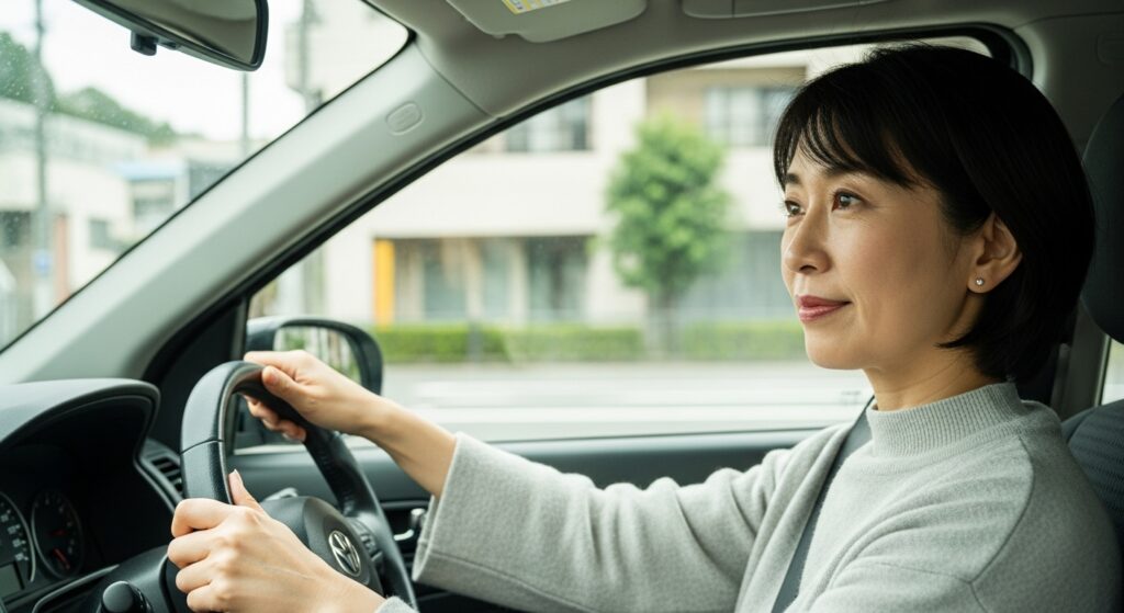 ハンドルを握り前方を見つめる女性ドライバー。安全運転を意識した姿勢で、再び運転に挑む様子。
