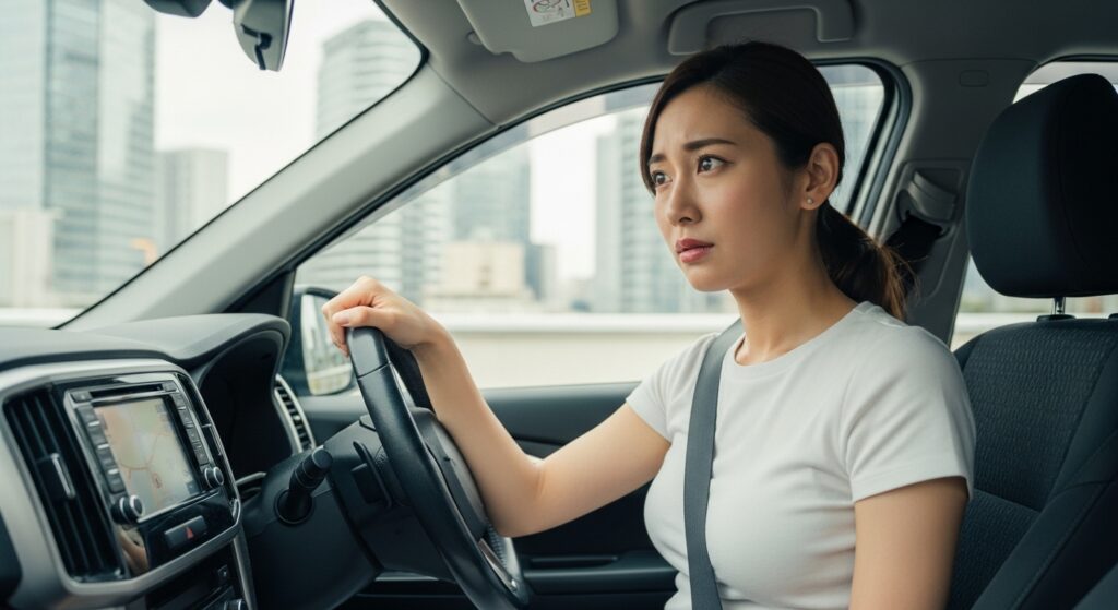 ナビの見方に迷う女性ドライバー|運転再開の不安と向き合う瞬間 車内でナビ画面を見ながら不安そうな表情を浮かべる女性ペーパードライバー。背景には新宿の高層ビル群が見える。