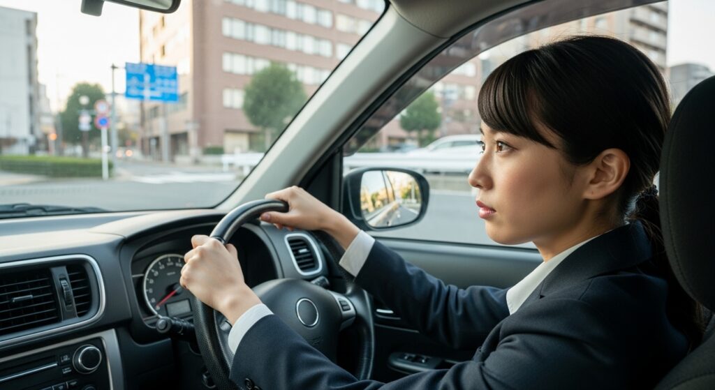 異動直前のペーパードライバー講習で営業車デビューを目指す女性の実践練習シーン 部署異動を2週間後に控えた20代の日本人女性が、営業職への準備として会社の前で集中的な運転練習を行う様子。真剣な表情で交差点を走行中。