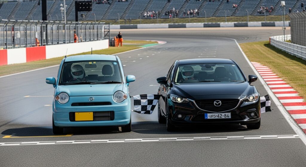 軽自動車と普通車が並んでゴールする瞬間。ペーパードライバーが選ぶ車種の違いを象徴するイメージ。