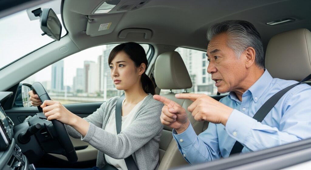 paperdriver-angry-words-license5 運転中に教習官から強く怒られている日本人女性。指導中の厳しい一言がペーパードライバーのトラウマになる場面。