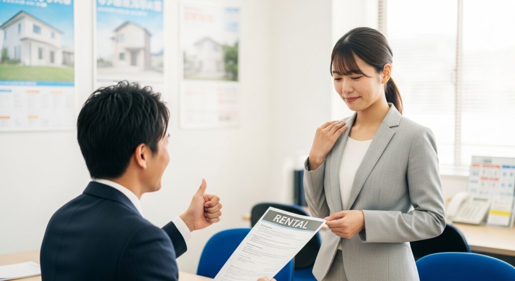 ペーパードライバー卒業後、営業で成果を上げた女性社員の実例(不動産賃貸契約) ペーパードライバー講習を受けて営業車に乗れるようになった女性が、不動産賃貸契約の成果で上司に褒められているシーン(東京・20代日本人女性)