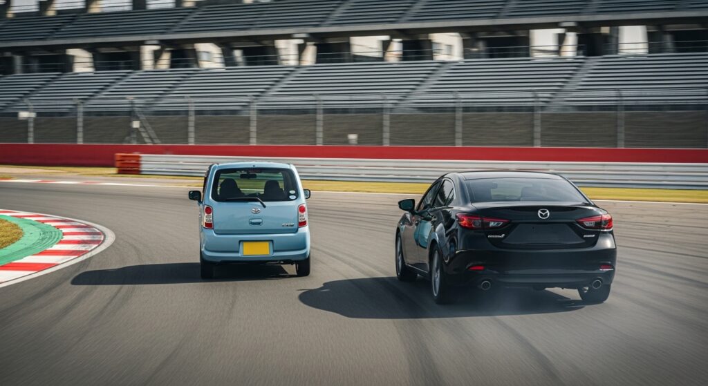教習車とマイカーが並んで走る場面。ペーパードライバー講習で選ぶべき車種の違いを示す比較イメージ。