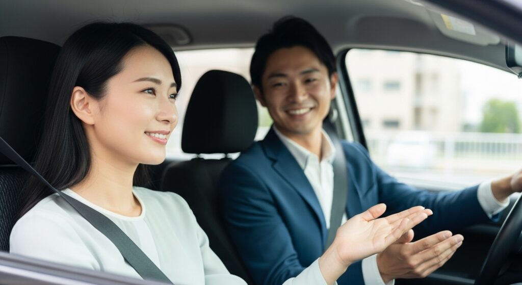 笑顔で運転に挑戦する女性とサポートする男性講師のレッスン風景 運転レッスン中に笑顔を見せる女性と優しくサポートする男性インストラクター
