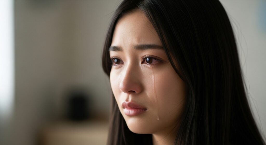 過去の教習体験でトラウマを抱えた女性の不安な表情 涙を流す若い女性。運転への恐怖や過去のトラウマを思い出している様子。