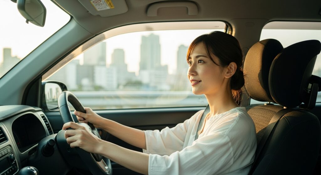 笑顔で運転する女性ドライバー。夕方の都市風景を背景に、安全にハンドルを握っている様子。