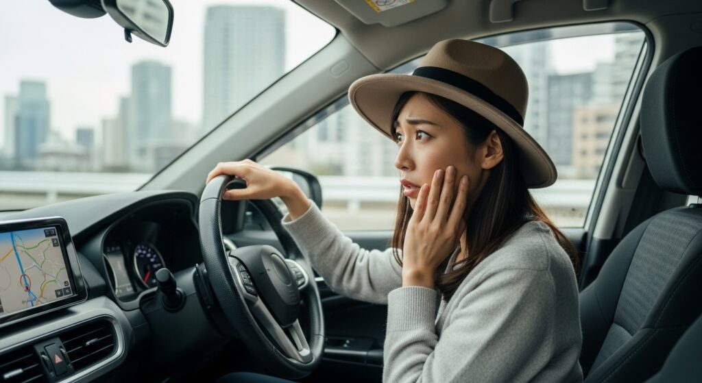 ナビに戸惑う帽子姿のペーパードライバー女性|運転再開時の不安とQ&A解説用イメージ ナビを確認しながら不安げな表情を見せる帽子姿の女性ペーパードライバー。都市部の高層ビルを背景に、運転中の迷いや焦りを感じている様子。