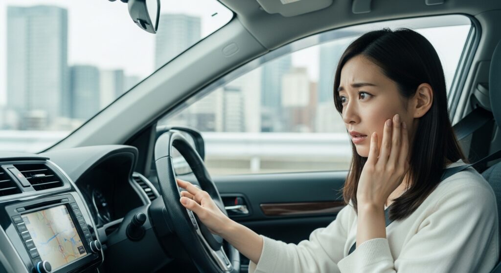 ナビを前に困惑するペーパードライバー女性の表情と判断の不安 ナビ画面を見ながら不安そうに手で頬を触れるペーパードライバーの女性。新宿の高層ビルが背景に映る車内シーン。