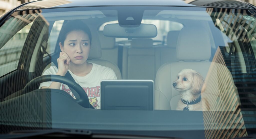 ナビの案内ミスに困惑する女性と犬の車内シーン|都市部でのリルート判断例 車の正面から見た構図。ナビ画面を前に戸惑う女性ペーパードライバーと、隣で不安そうに見つめる犬。都市部のビル街を背景に、ナビの道案内ミスに直面した場面。