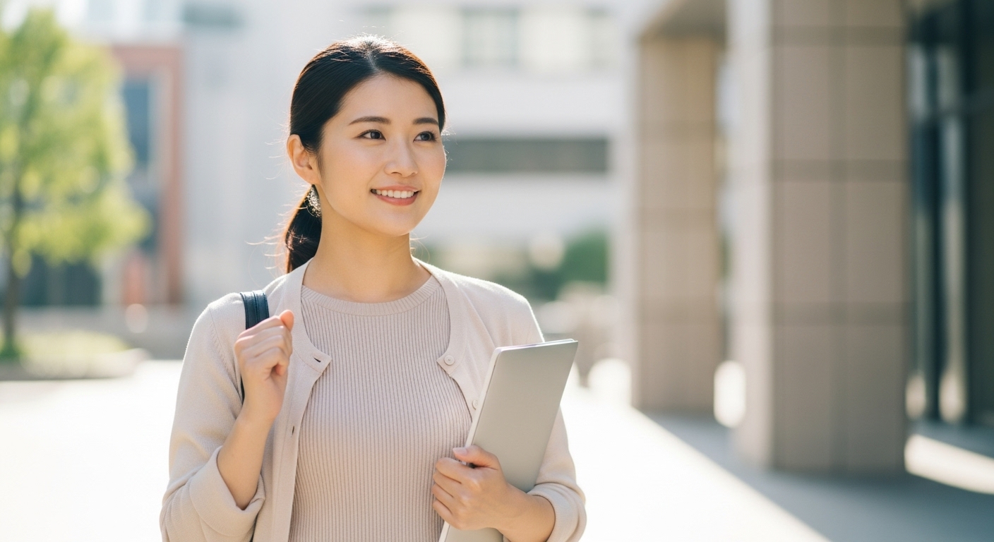 内発的動機で運転再開を決意した女性の笑顔|ペーパードライバーの変化を象徴 前向きな表情で歩く20代の日本人女性。ペーパードライバーが自分の意志で運転再開を目指す、内発的動機づけを象徴するシーン。