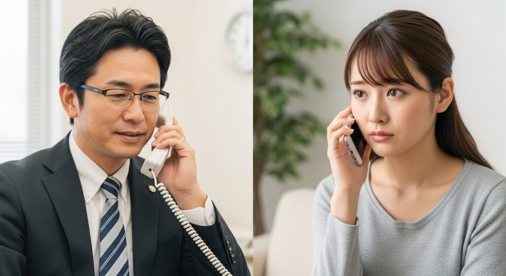 ペーパードライバー講習 電話相談 男性スタッフと女性相談者 ペーパードライバー講習の不安を電話で相談する女性と、それに丁寧に対応する男性スタッフの様子