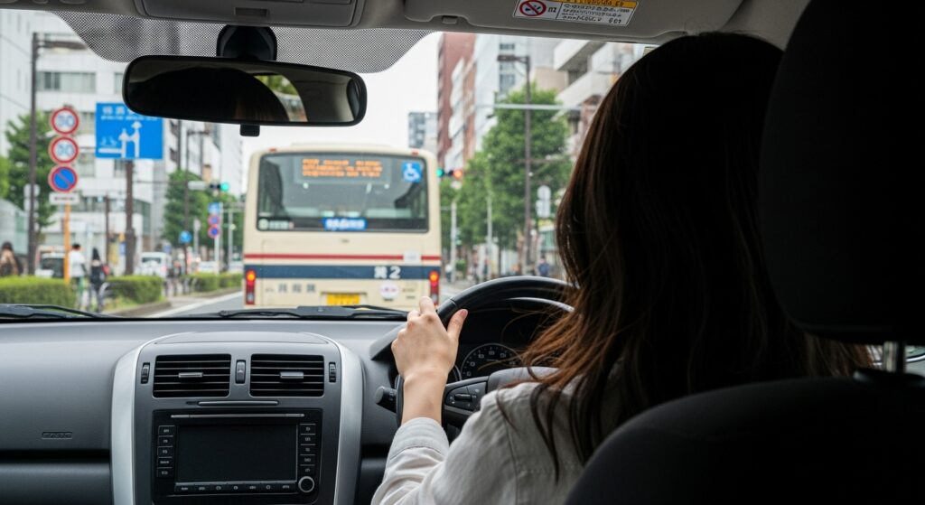 title="新宿の主要バス停で停止中のペーパードライバー女性|講習でよく使われる実地判断シーン" ペーパードライバーの女性が新宿のバス通りで、バスの直後に停車しながら進行判断に迷っている場面。都内講習の実地シーン。