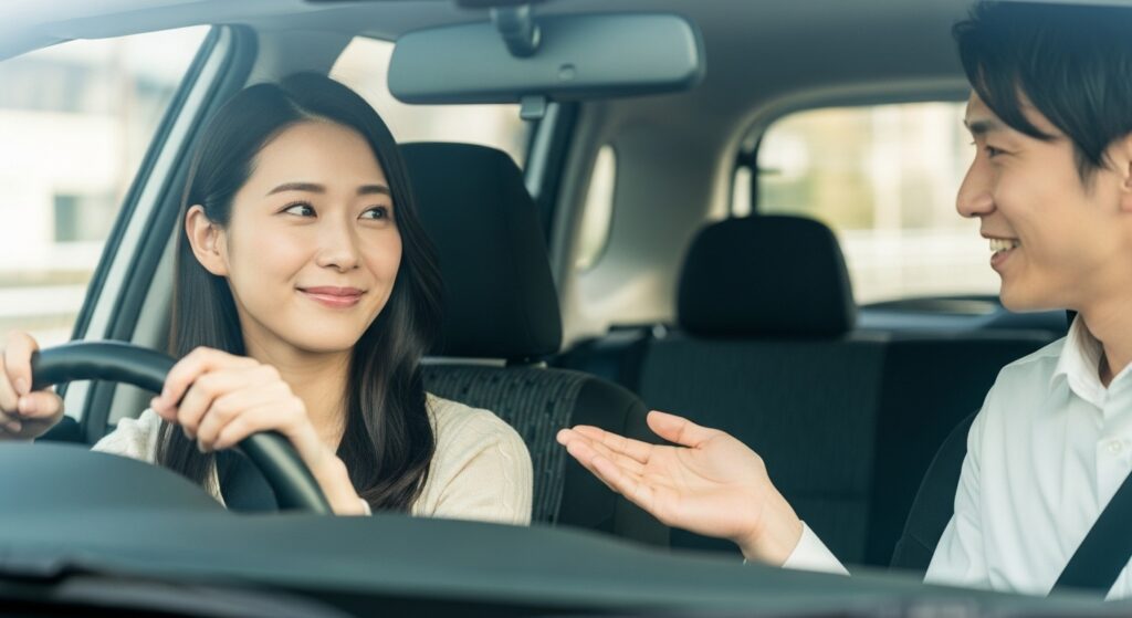 ペーパードライバーに寄り添う優しい運転指導の現場 優しくアドバイスするインストラクターと笑顔を見せる女性ドライバー