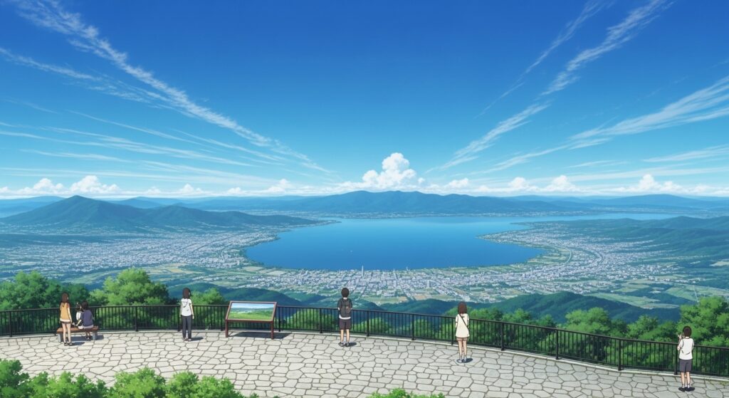 展望台から望む諏訪湖の絶景と青空｜アニメ風の風景イラスト