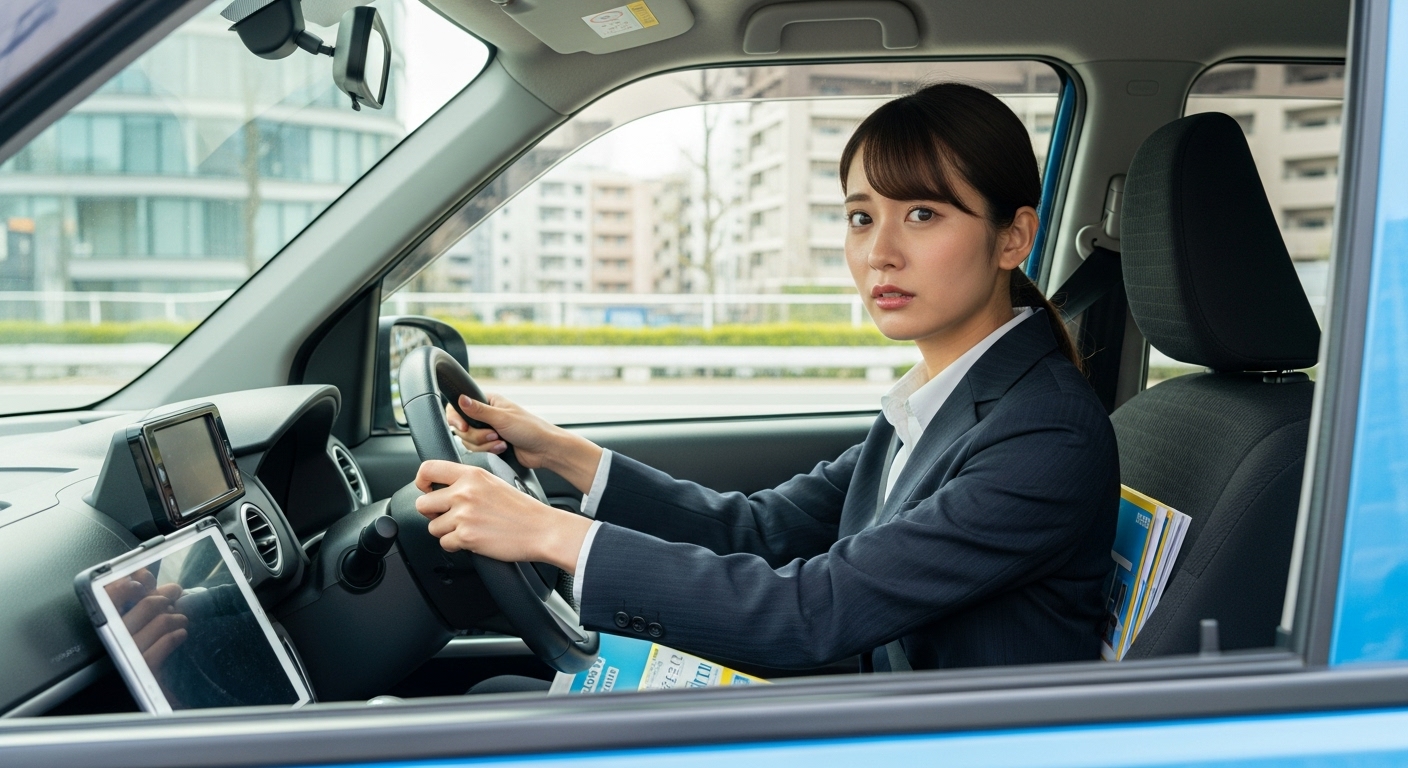 ペーパードライバー初回講習で運転再開に挑戦する女性の表情 初回お試しコースで右ハンドル車に座る20代日本人女性。装置の操作に戸惑いながらも真剣に前を見つめ、運転再開の第一歩を踏み出そうとしている様子。