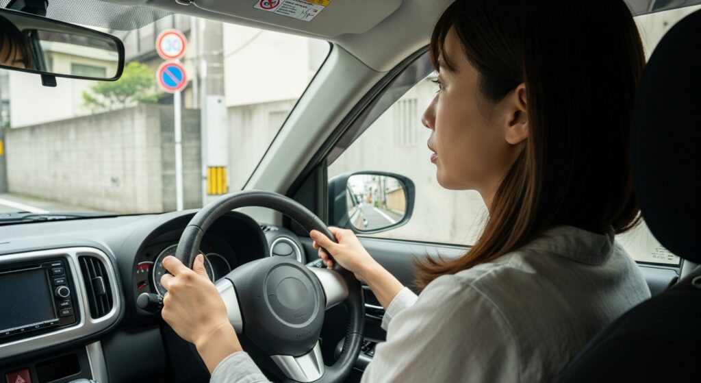 一方通行の狭い住宅街を慎重に運転する日本人女性の様子。ペーパードライバーが実践練習をするシーン。