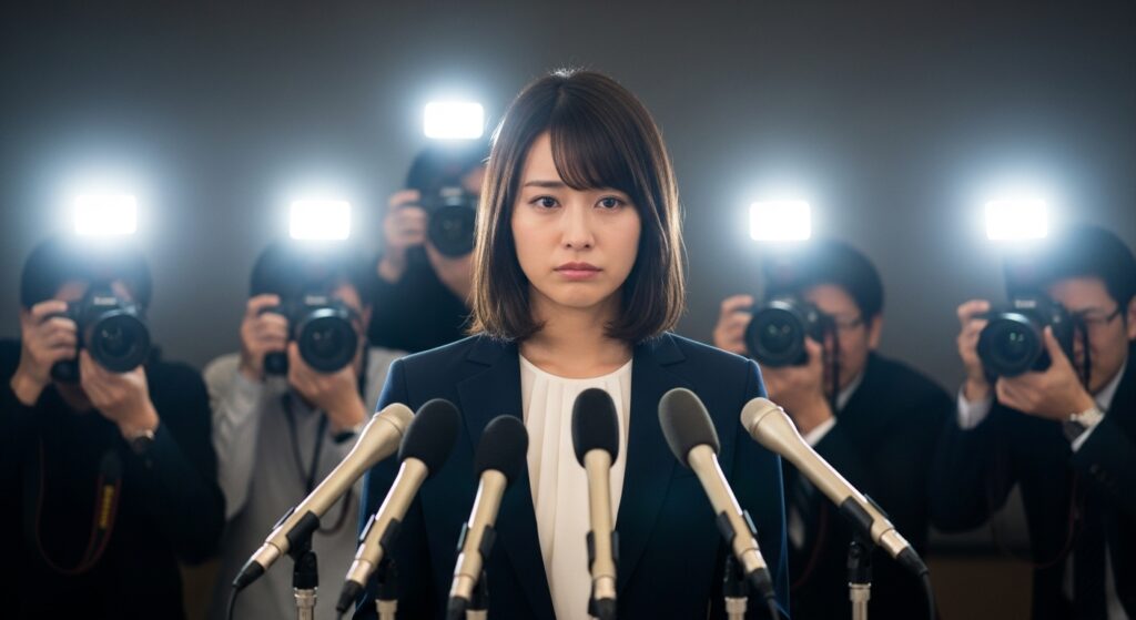 記者会見で複数のマイクの前に立ち、フラッシュを浴びながら緊張した表情を見せる20代女性