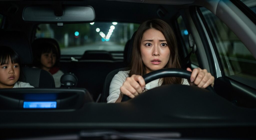 夜間の道路を不安そうに運転する日本人女性。後部座席には子どもが座っており、右ハンドル車内の様子が見える。
