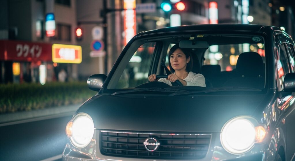 新宿の夜道を走行する日本人女性ドライバー。ヘッドライトを点灯させ、安全運転を意識して街中を走行している様子。