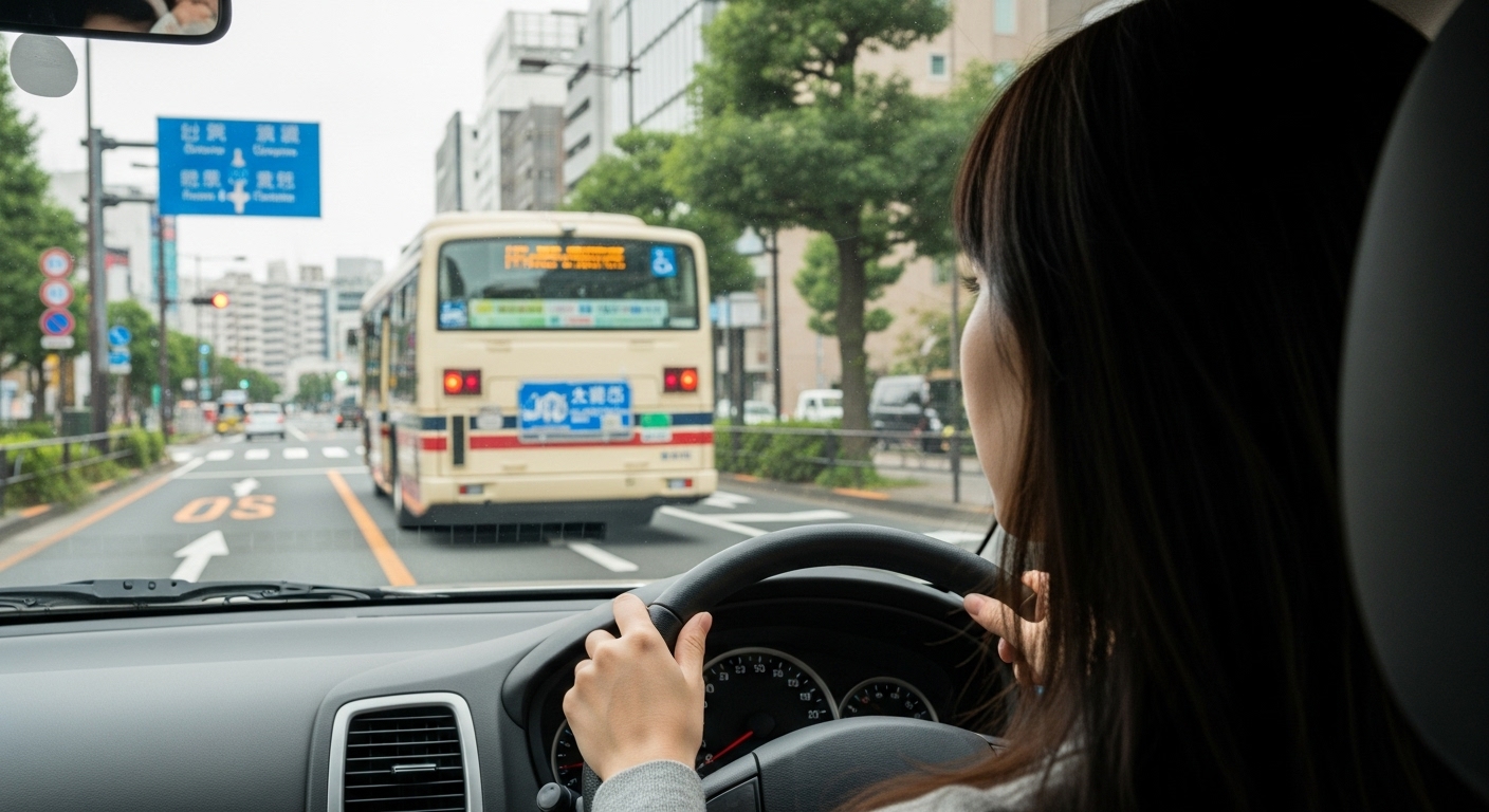 title="新宿のバス通りで前のバスに戸惑うペーパードライバー女性の運転視点" ペーパードライバーの女性が、新宿のバス通りで前方のバスに対して進行判断に迷っている様子。都内の交通環境をリアルに捉えた視点。