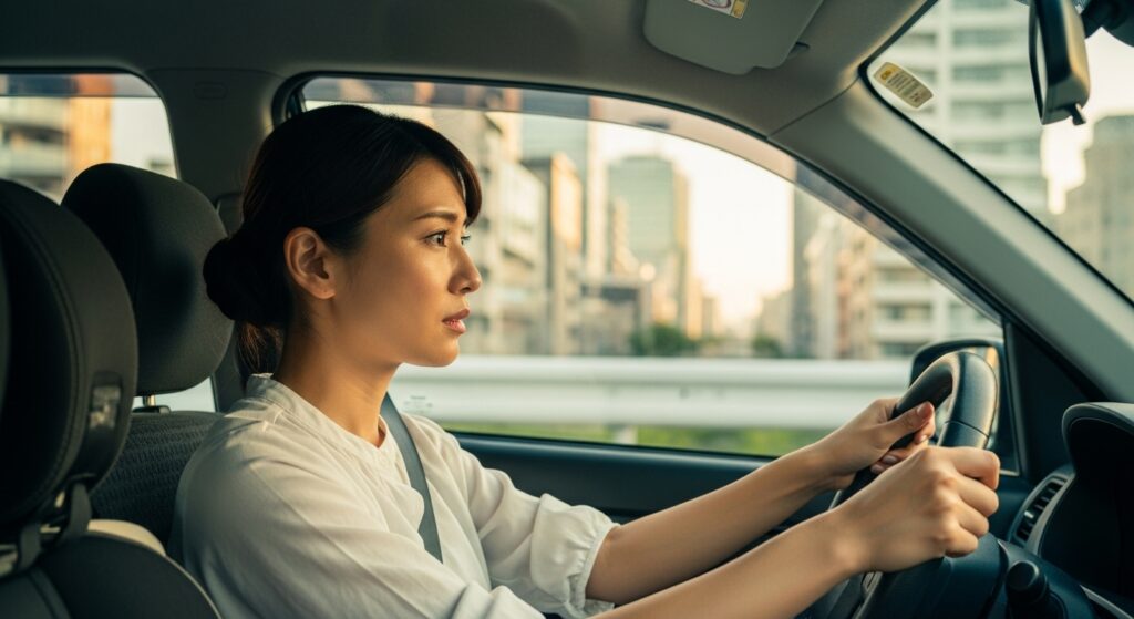 不安そうな表情で運転する30代の日本人女性。新宿の街並みを背景に、ペーパードライバー講習中の様子。