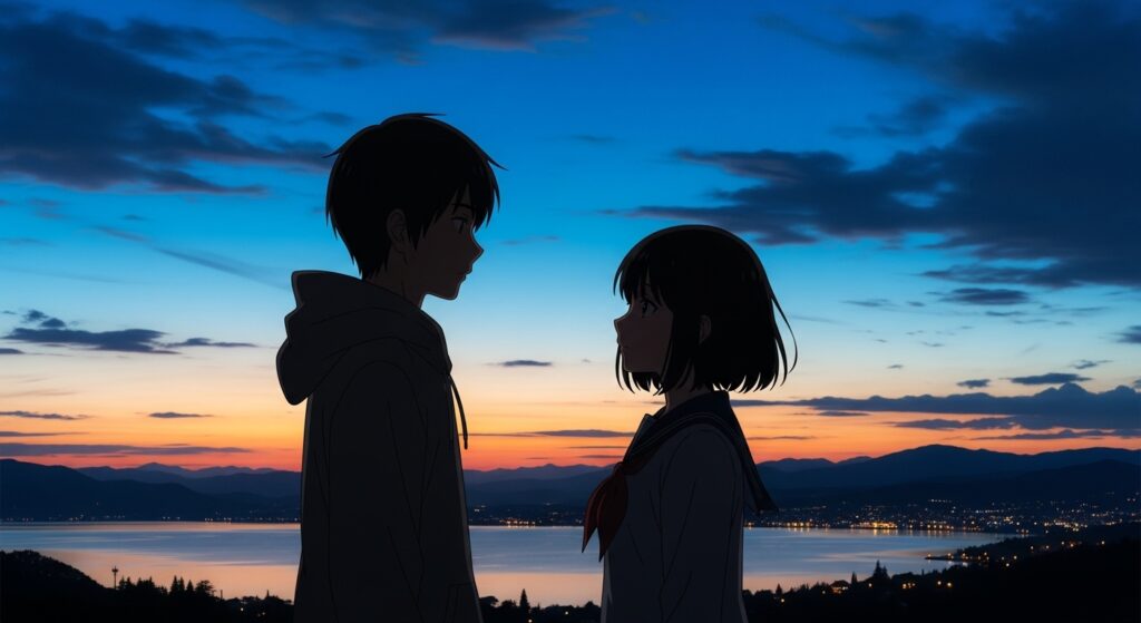 夕暮れの湖畔で見つめ合うアニメ風の男女｜静かな時間が流れるロマンチックな瞬間