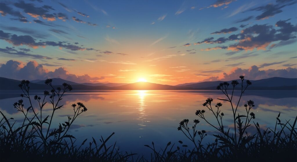 湖面に夕日が映るアニメ風の絶景｜ペーパードライバーに人気の癒しドライブ風景
