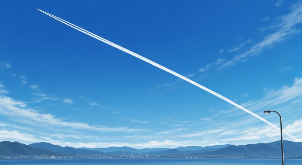 快晴の青空にまっすぐ伸びる飛行機雲と諏訪湖の絶景｜ドライブにおすすめのアニメ風風景
