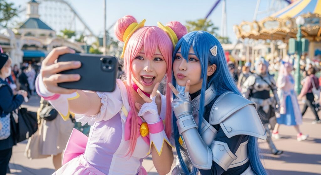 テーマパークでコスプレ姿の20代女性2人がスマホで自撮りしている様子