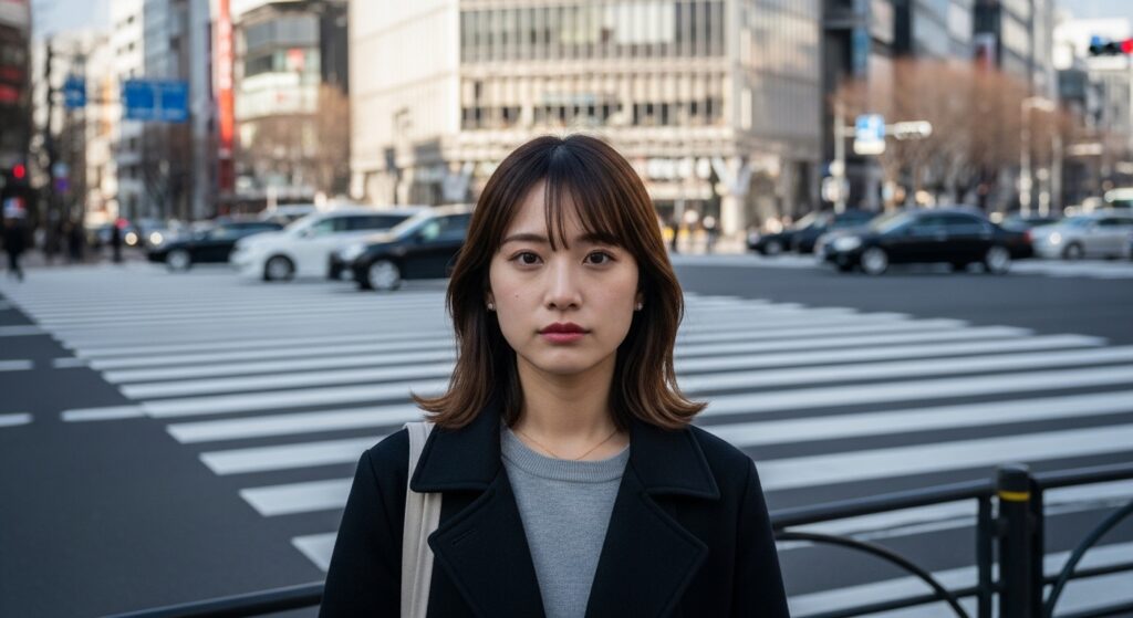 東京の交差点に立つ20代女性の正面ポートレート